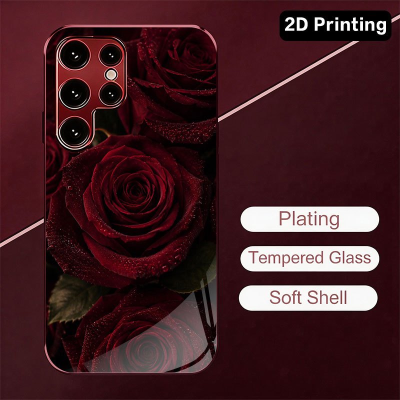 Samsung Galaxy S24 - Samsung Galaxy S26、S25、S24、S22、S21、S20 FE/Ultra/Plusに対応した、濃い赤色のバラ柄のガラス製スマートフォンケース。落下防止機能付き。